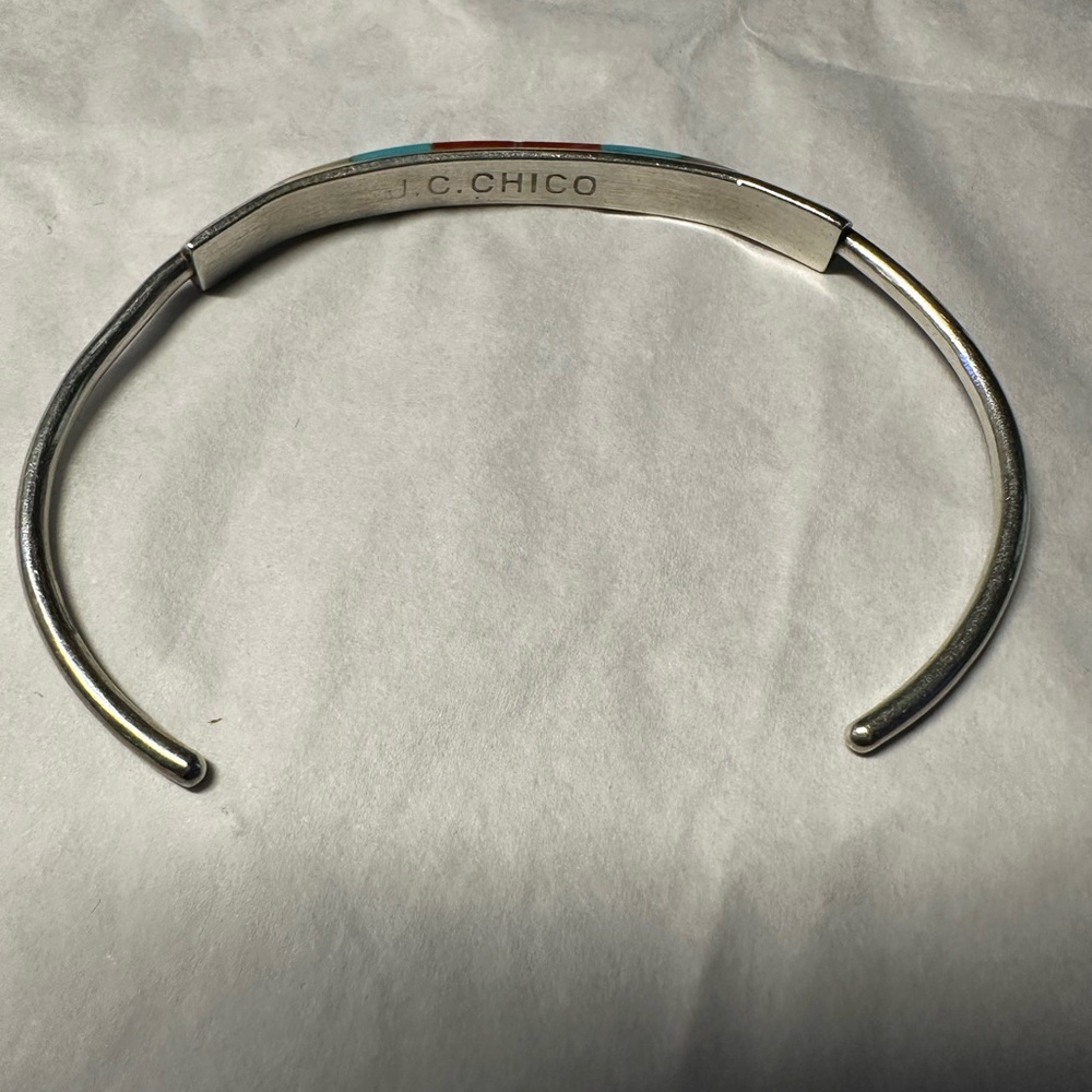 Vintage handmade Native American Zuni inlaid turquoise silver cuff bracelet - Picture 10 of 12